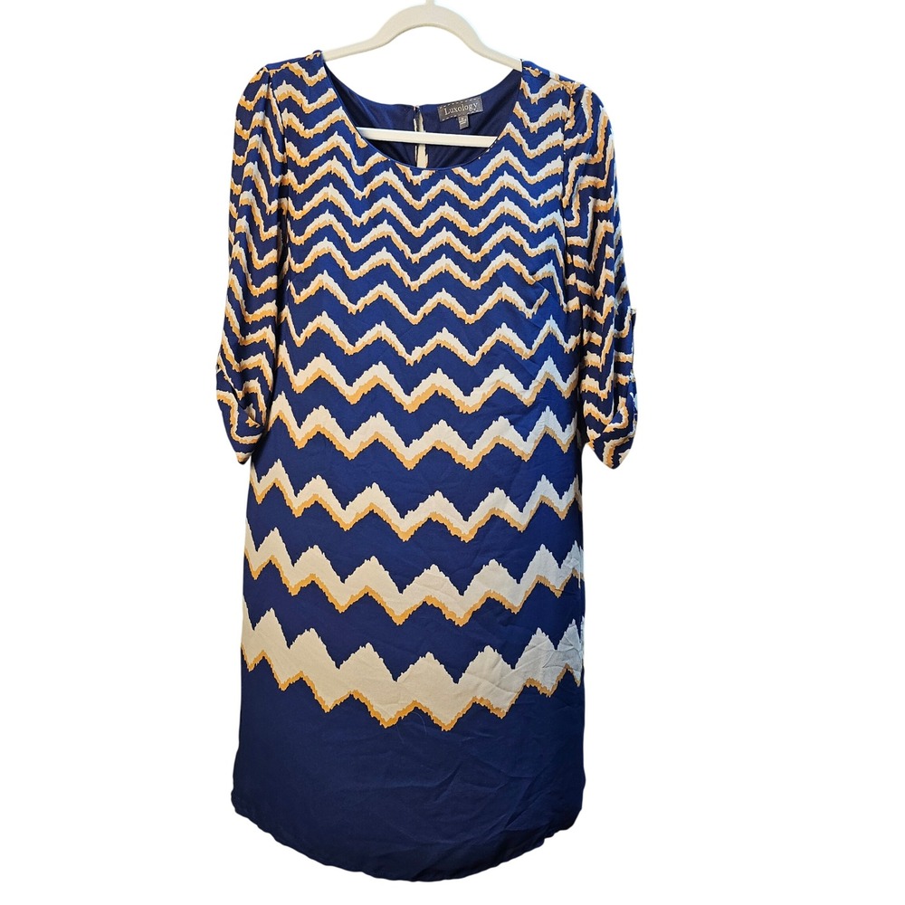 Luxology Navy Blue Chevron Zigzag Roll Tab Sleeve Shift Dress Size 6 2107AB11M